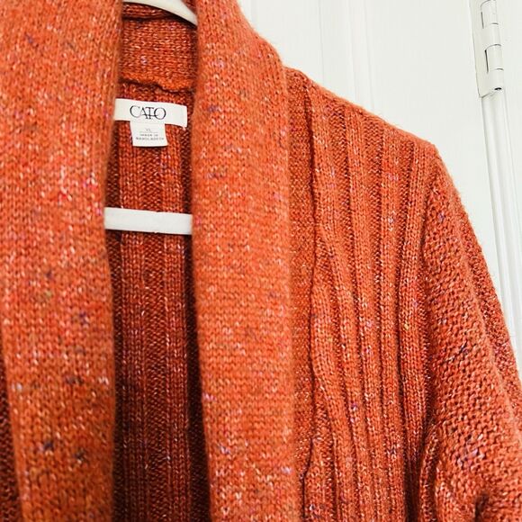 Cato Burnt Orange Chunky Knit Open Face Roll Tab Sleeve Cardigan Sweater Size XL - Picture 5 of 9